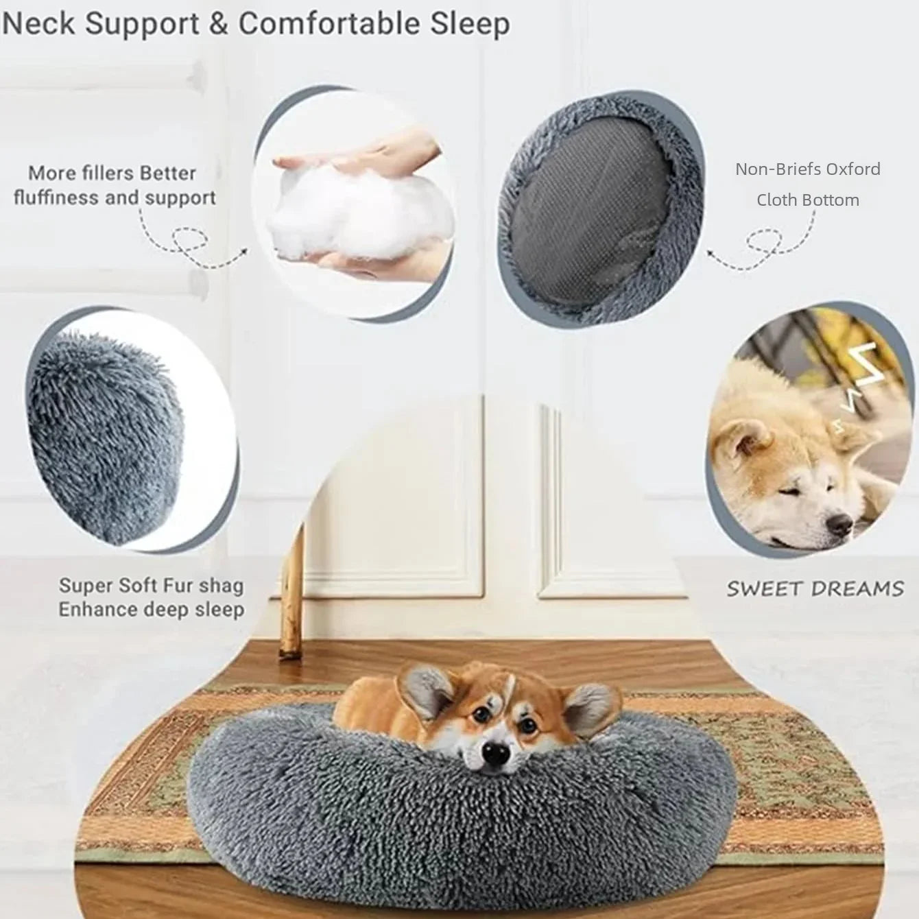 Round Plush Pet Bed – Soft Calming Bed for Dogs & Cats (40–90cm)